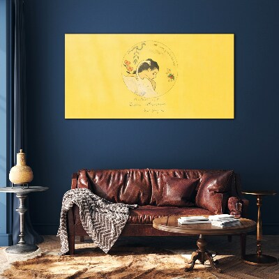 Portrait of a woman in a yellow background Glass art print