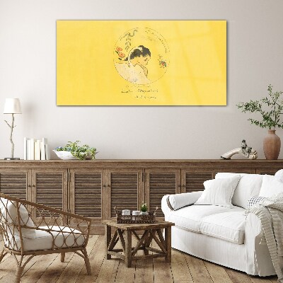 Portrait of a woman in a yellow background Glass art print