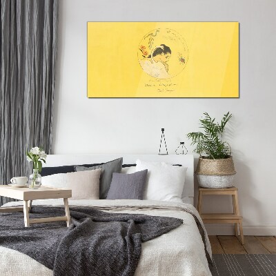 Portrait of a woman in a yellow background Glass art print