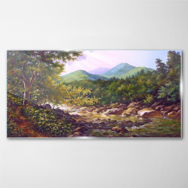Peaceful mountain landscape Wall art on glass