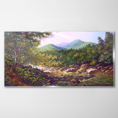 Peaceful mountain landscape Wall art on glass