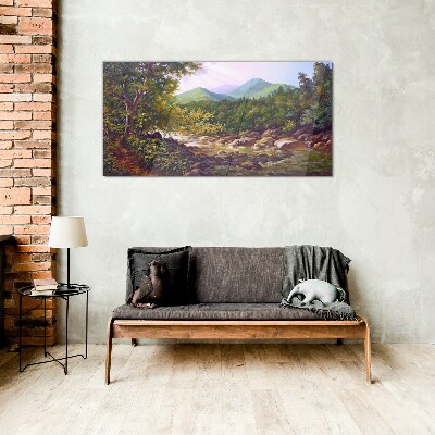 Peaceful mountain landscape Wall art on glass