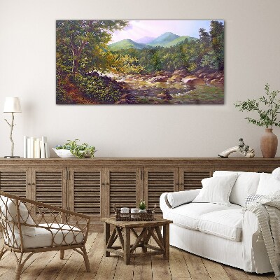 Peaceful mountain landscape Wall art on glass