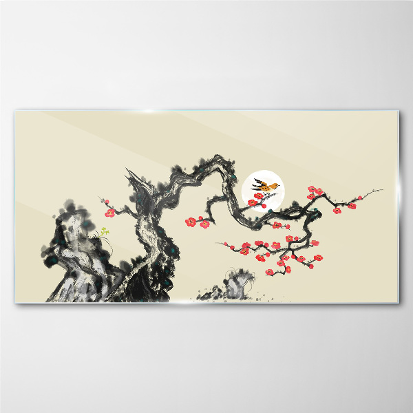 Flower scene with bird Glass art print