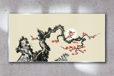 Flower scene with bird Glass art print