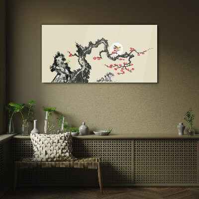 Flower scene with bird Glass art print