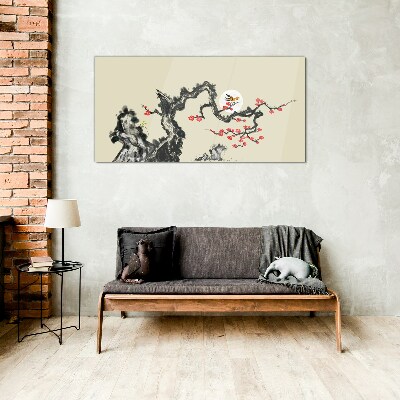 Flower scene with bird Glass art print