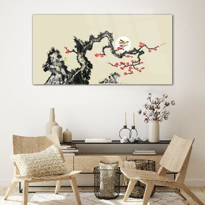 Flower scene with bird Glass art print