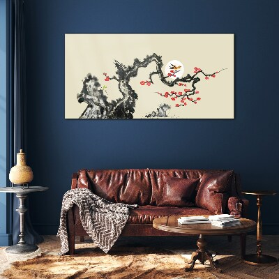 Flower scene with bird Glass art print