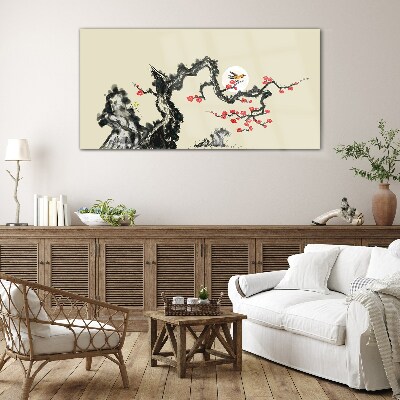 Flower scene with bird Glass art print