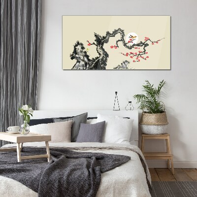 Flower scene with bird Glass art print