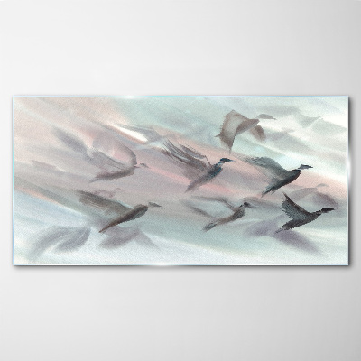 Flight of birds in a pastel aura Wall art on glass