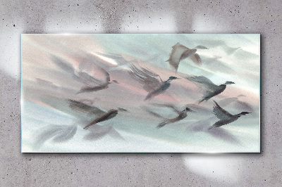 Flight of birds in a pastel aura Wall art on glass