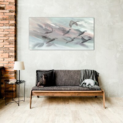 Flight of birds in a pastel aura Wall art on glass