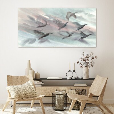Flight of birds in a pastel aura Wall art on glass