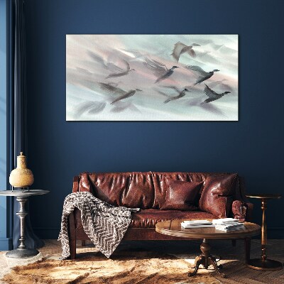 Flight of birds in a pastel aura Wall art on glass