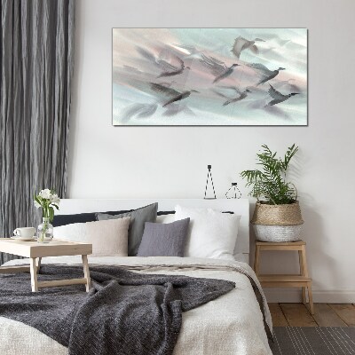 Flight of birds in a pastel aura Wall art on glass