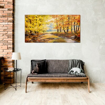 Autumn scenery with a river Wall art on glass