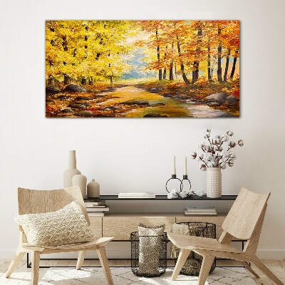 Autumn scenery with a river Wall art on glass