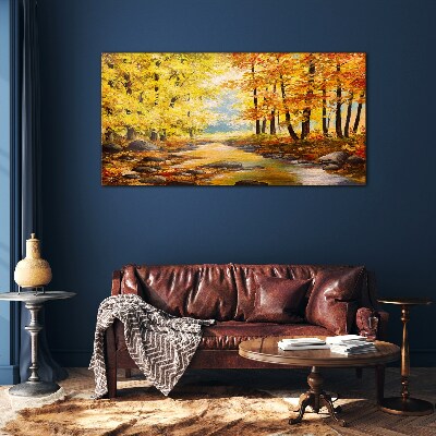 Autumn scenery with a river Wall art on glass