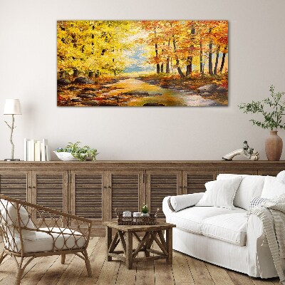 Autumn scenery with a river Wall art on glass