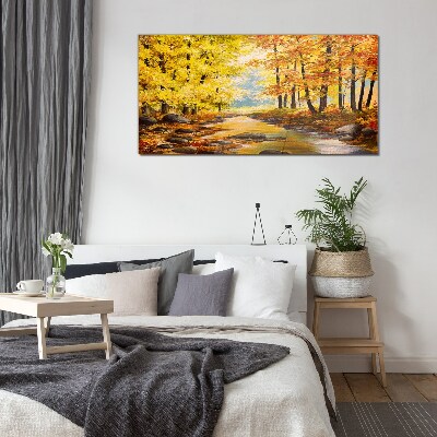 Autumn scenery with a river Wall art on glass