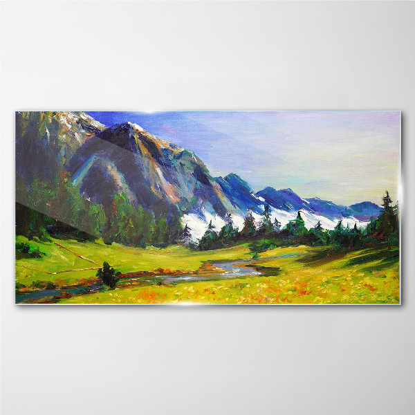 Mountain landscape in spring colors Glass art print