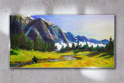 Forest meadow mountains sky Glass Wall Art
