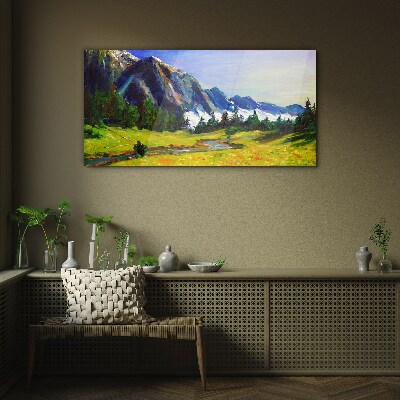 Forest meadow mountains sky Glass Wall Art