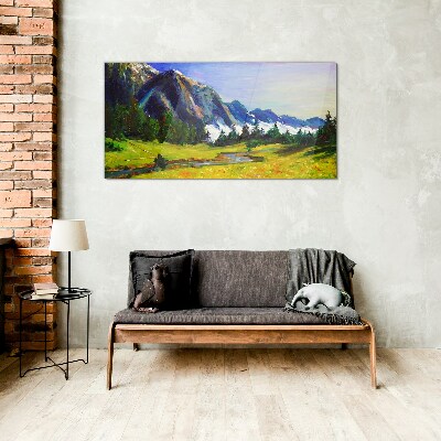 Mountain landscape in spring colors Glass art print