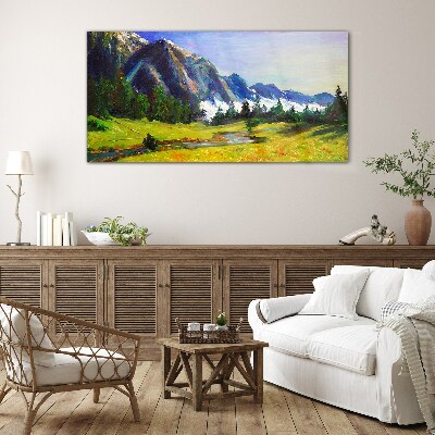 Mountain landscape in spring colors Glass art print