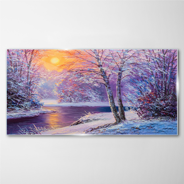 Winter forest river sunset Glass Wall Art