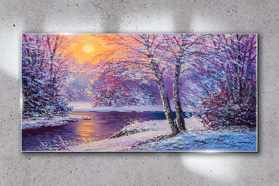 Winter landscape in the morning Wall art on glass