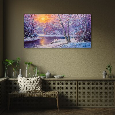 Winter forest river sunset Glass Wall Art