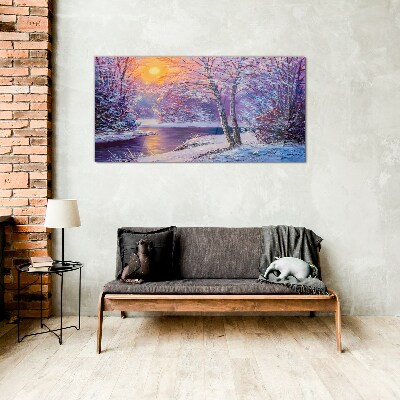 Winter forest river sunset Glass Wall Art