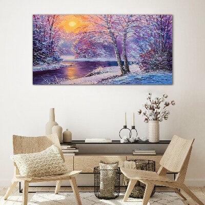 Winter forest river sunset Glass Wall Art