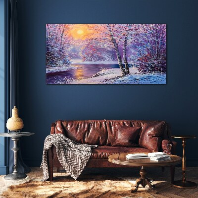 Winter forest river sunset Glass Wall Art