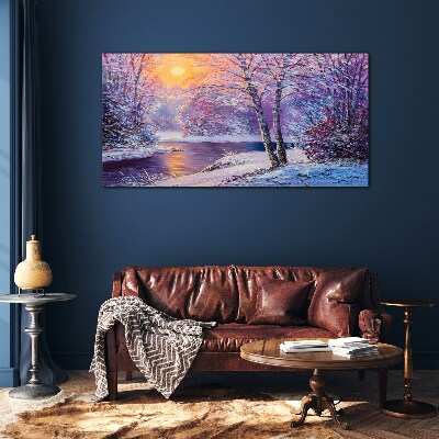 Winter landscape in the morning Wall art on glass