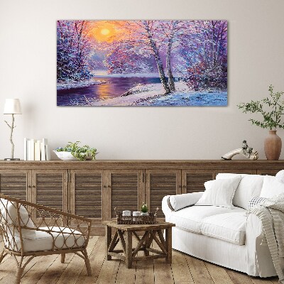 Winter forest river sunset Glass Wall Art