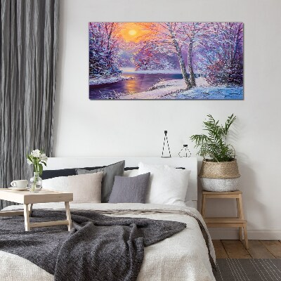 Winter forest river sunset Glass Wall Art