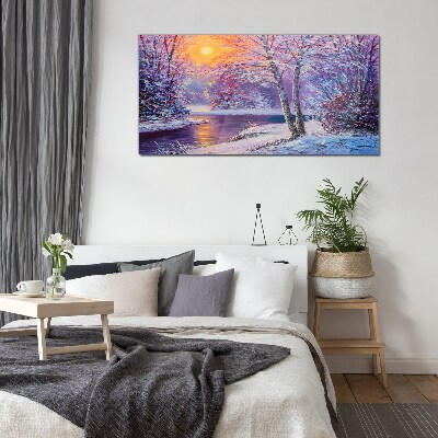 Winter landscape in the morning Wall art on glass