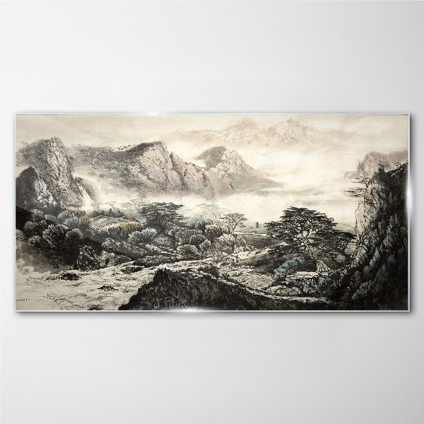Misty mountain valley Glass art print
