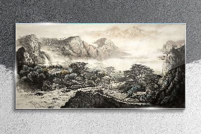 Misty mountain valley Glass art print