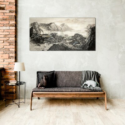 Misty mountain valley Glass art print