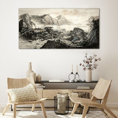 Misty mountain valley Glass art print