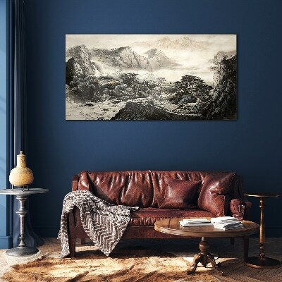 Misty mountain valley Glass art print