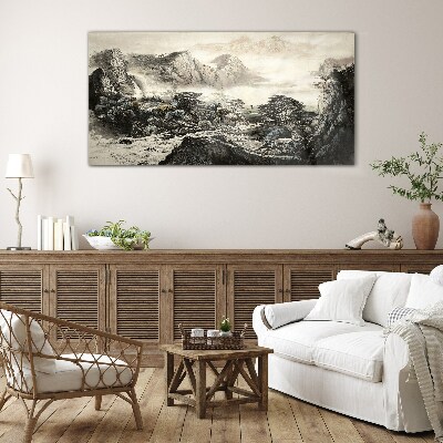 Misty mountain valley Glass art print