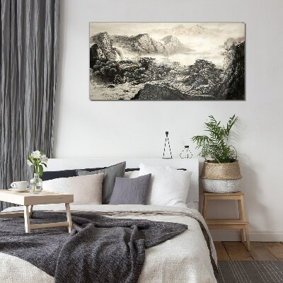 Misty mountain valley Glass art print