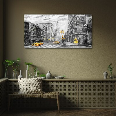 New York street in yellow cabs Wall art on glass