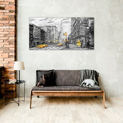 New York street in yellow cabs Wall art on glass